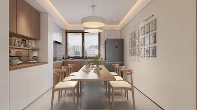 modern dining area featuring a wooden table and stylish chairs in an open concept kitchen, showcasing smart furniture arrangement for space optimization, utilizing Homestyler’s real-time 3D rendering functionality.