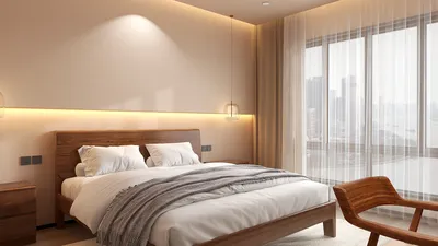 modern bedroom design featuring a cozy bed with a wooden frame and soft linens, enhanced by ambient lighting for a warm atmosphere, showcasing interior decor optimized for small space planning using Homestyler's smart furniture arrangement feature.