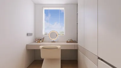vanity area with makeup products organized, creating a minimalist style for a personal grooming space, featuring Homestyler's real-time 3D rendering functionality