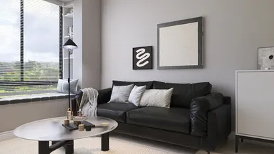 modern living room with black leather sofa and minimalist decor, showcasing a contemporary interior design style, enhanced through Homestyler's real-time 3D rendering feature.