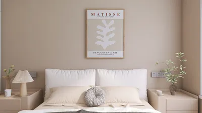 A cozy bedroom featuring a minimalist bed design with soft beige bedding, complemented by stylish side tables and decorative plants, showcasing a Matisse art piece on the wall. This interior decor emphasizes tranquility and modern aesthetics while utilizing Homestyler's real-time 3D rendering feature for enhanced design presentation.