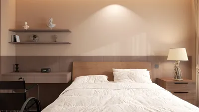 bedroom design showcasing a cozy bed arrangement with minimalist decor in a warm palette, featuring smart furniture placement for optimal space utilization using Homestyler's intelligent furniture arrangement tool.