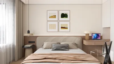A cozy bedroom featuring a modern bed design with soft linens, styled with ambient lighting and artwork on the wall, creating a serene interior space. Utilizing Homestyler's real-time 3D rendering for an accurate preview of the design.