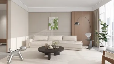 living room sofa arrangement in modern minimalistic style featuring a cozy seating area with natural light and a touch of greenery, showcasing Homestyler's real-time 3D rendering capability.
