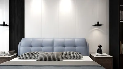 modern bed design featuring a blue tufted headboard, styled with bedside lamps, creating a cozy yet contemporary bedroom atmosphere; interior decor optimization using Homestyler's real-time 3D rendering feature.