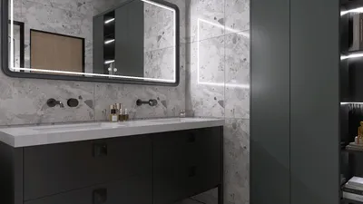 modern bathroom design featuring a sleek vanity with a dark finish and a stylish mirror, optimized using Homestyler's real-time 3D rendering for efficient visualization of interior design.