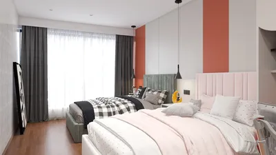 two modern beds arranged in a stylish bedroom design featuring soft pastels and geometric patterns, enhancing space for comfort and relaxation with Homestyler's real-time 3D rendering feature.