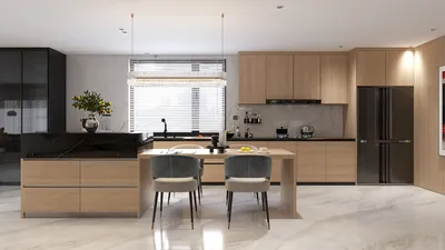 Modern kitchen design featuring oak cabinetry and black countertops, showcasing an open layout for efficient space utilization, utilizing Homestyler's real-time 3D rendering feature.