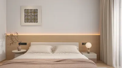 Cozy bedroom design featuring a minimalist bed arrangement with wood accents and soft lighting, emphasizing interior decor elegance while utilizing Homestyler's real-time 3D rendering feature for design visualization.