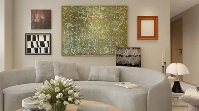 curved sofa arrangement with modern artwork on walls in a contemporary living room design featuring a neutral color palette and elegant decor, showcasing Homestyler's real-time 3D rendering functionality.
