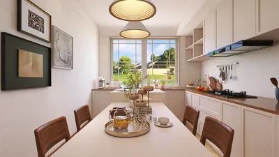 modern kitchen with a dining table and chairs featuring smart furniture arrangement in a cozy style, showcasing the interior design optimization capabilities of Homestyler's real-time 3D rendering.