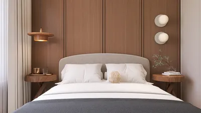 Cozy bedroom with a bed and wooden headboard featuring wall panels, showcasing natural light and warm tones, ideal for interior decor, utilizing Homestyler's real-time 3D rendering feature.