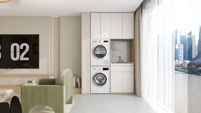 Laundry area featuring modern washing and drying machines arranged for optimal functionality, designed in a contemporary style, enhancing space efficiency for interior decor with Homestyler's smart furniture arrangement feature.
