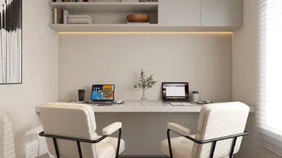 modern home office with dual workspace arrangement featuring sleek chairs and minimalistic decor, designed using Homestyler's real-time 3D rendering for efficient interior design visualization.