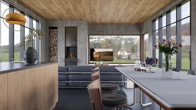 Modern kitchen featuring spacious layout with open-plan design, showcasing stylish furniture arrangement, contemporary style, enhancing the functionality of the living space using Homestyler's real-time 3D rendering feature.