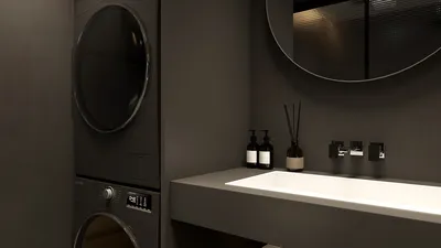 modern laundry room design featuring a sleek washing machine and dryer, emphasizing efficient space utilization and stylish minimalism; showcasing Homestyler's real-time 3D rendering for instant design visualization.