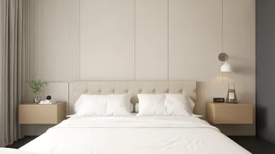 minimalist bedroom design with a bed and wooden bedside tables, showcasing elegant simplicity and comfort in a cozy space, featuring Homestyler's real-time 3D rendering functionality.