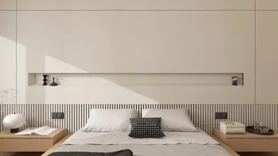 Bed with minimalist headboard design showcasing a clean aesthetic, featuring smart furniture arrangement for optimized space utilization, highlighting interior decor elements with a neutral color palette and textures.