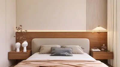 modern bedroom design featuring a soft beige bed with elegant wooden accents, showcasing minimalist style for a cozy atmosphere, utilizing Homestyler's real-time 3D rendering feature.