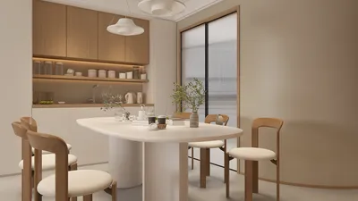 Modern dining area featuring an oval table surrounded by wooden chairs, designed with a minimalist aesthetic, showcasing a bright and airy space ideal for dining; highlights Homestyler's real-time 3D rendering feature.