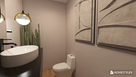 modern bathroom with a sleek sink and toilet design featuring geometric wall art and a cactus plant, showcasing interior decor ideas using Homestyler's real-time 3D rendering feature for optimal visual preview.
