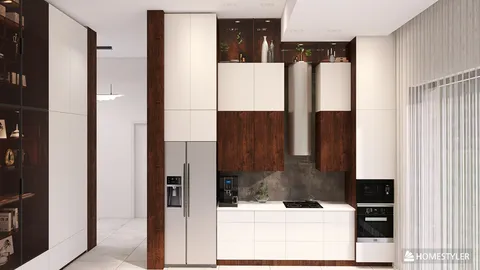 Modern kitchen featuring sleek cabinetry with contrasting dark wood and white finishes, designing a streamlined cooking space with smart furniture arrangement for optimal storage, utilizing Homestyler's real-time 3D rendering feature.