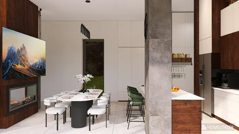 modern dining area featuring smart furniture arrangement with a sleek black table and stylish chairs, showcasing an elegant interior design aesthetic; includes Homestyler's real-time 3D rendering functionality for instant visualization.