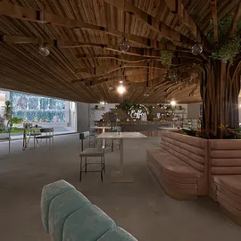 Modern cafe interior with wooden ceiling design and greenery integration, showcasing 3D rendering for realistic space visualization; featuring Homestyler's real-time 3D rendering functionality.