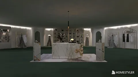 Elegant marble reception desk with decor accessories showcasing a luxurious store layout, featuring the use of Homestyler's real-time 3D rendering for an immersive interior design experience.