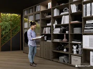 A woman organizing books on a modern wooden bookshelf in a cozy interior space, featuring a blend of contemporary design and natural elements, demonstrating Homestyler's real-time 3D rendering.