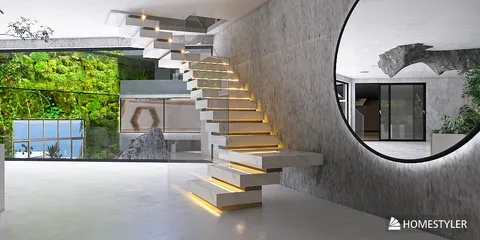 Modern staircase design featuring floating steps with LED lighting, showcasing a contemporary aesthetic in a spacious interior that exemplifies innovative space utilization with Homestyler's real-time 3D rendering functionality.