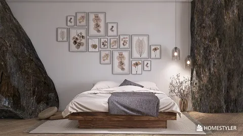 modern bedroom with a wooden platform bed and stylish wall art featuring botanical prints, designed using Homestyler for optimal interior decor placement and aesthetics.