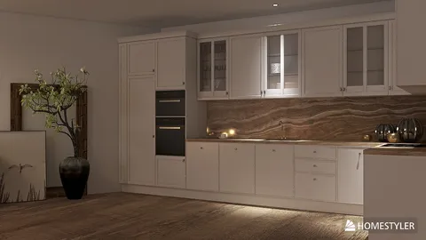 modern kitchen design featuring a sleek layout with white cabinetry and a marble backsplash, showcasing interior decor optimization using Homestyler's real-time 3D rendering feature for effective design proposals.