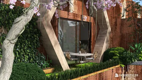 modern outdoor seating area with unique architectural elements and lush greenery, showcasing landscape design in a garden space, utilizing Homestyler's real-time 3D rendering feature.