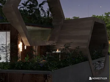 modern hexagonal structure featuring natural elements with an elegant outdoor seating area designed using Homestyler's real-time 3D rendering for stunning exterior visualization