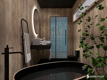 modern bathroom design featuring a freestanding bathtub and a glass shower, showcasing a natural aesthetic with wooden walls and greenery, utilizing Homestyler's real-time 3D rendering for effective space visualization.