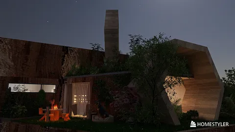 modern outdoor space featuring a cozy seating area and natural landscaping at night, showcasing a tranquil ambiance through Homestyler's real-time 3D rendering.