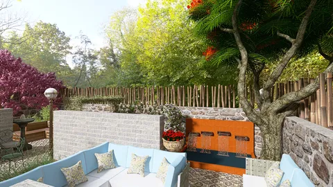 Stylish outdoor seating area with water feature and greenery, creating a relaxing space for gatherings and entertaining. Features Homestyler's AR virtual furniture placement for optimal design.