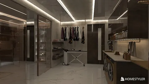 modern wardrobe design with smart furniture arrangement in a spacious hallway featuring sleek cabinetry and ambient lighting, showcasing the Homestyler real-time 3D rendering feature for interior design.