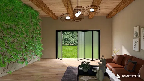 interior living room featuring a cozy sofa and artistic decor with a natural green wall design and large open doors revealing an outdoor view, optimized for small space interior decor using Homestyler's real-time 3D rendering feature.