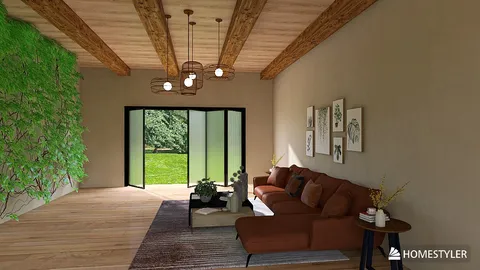 living room with cozy furniture arrangement showcasing a natural style, emphasizing indoor greenery and open space concept, featuring Homestyler's real-time 3D rendering for an accurate design preview.