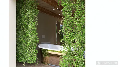 Luxurious freestanding bathtub surrounded by lush greenery in a modern bathroom design, showcasing a blend of nature and interior decor elements for a tranquil spa-like atmosphere, enhanced by Homestyler's 3D rendering feature.