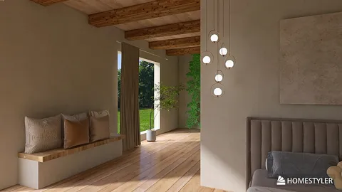 A cozy living room with natural wood beams and a neutral color palette, featuring a stylish seating area and modern pendant lighting, showcasing interior design using Homestyler's real-time 3D rendering.