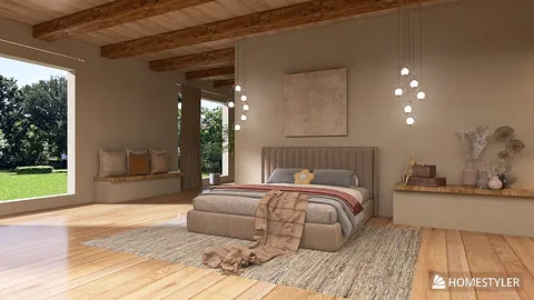 a modern bedroom featuring a comfortable bed with elegant bedding, showcasing a sleek design with natural light and wooden accents, highlighting interior decor through Homestyler's real-time 3D rendering feature