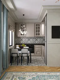 modern kitchen design featuring elegant cabinetry and intricate tile work, showcasing interior decoration trends with Homestyler's real-time 3D rendering feature.