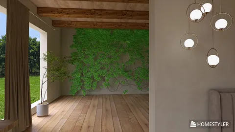 Modern living room featuring a cozy interior design with a focus on natural elements, highlighting indoor greenery and wooden flooring, using Homestyler's real-time 3D rendering function.