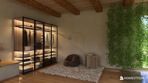 clothing storage solution in a contemporary style living space featuring smart furniture arrangement and a cozy atmosphere, showcasing Homestyler's real-time 3D rendering capability.