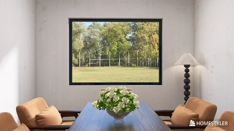 Cozy dining area with a large window overlooking the green landscape, featuring a wooden table and stylish chairs, designed with Homestyler's real-time 3D rendering.