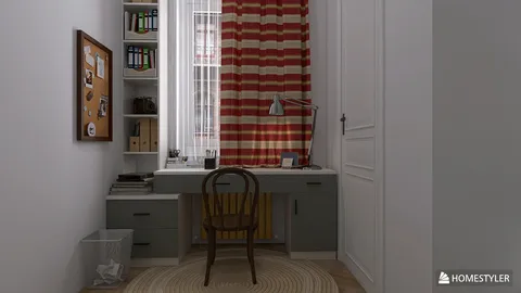 A cozy home workspace featuring a stylish desk with a classic chair, complemented by striped curtains, showcasing a modern design aesthetic that enhances productivity. This interior features Homestyler's real-time 3D rendering functionality for a quick design preview.