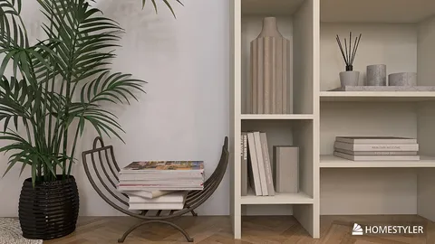 a modern bookshelf with decorative vases and books alongside a stylish magazine holder featuring indoor plants, showcasing a minimalistic interior decor design using Homestyler's real-time 3D rendering capabilities.
